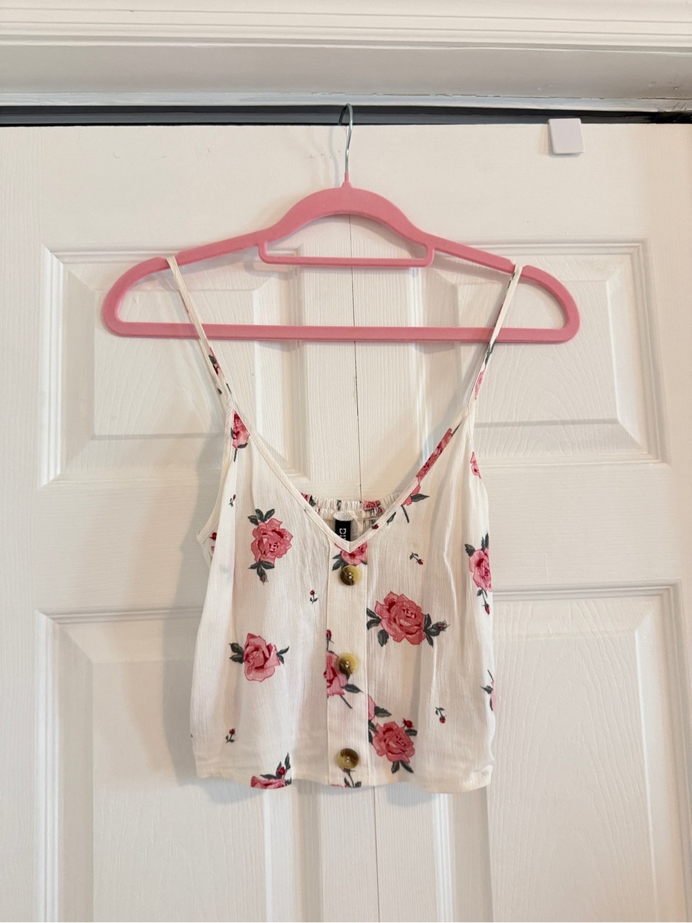 Divided White Spaghetti-Strap Cami with Pink Rose Print